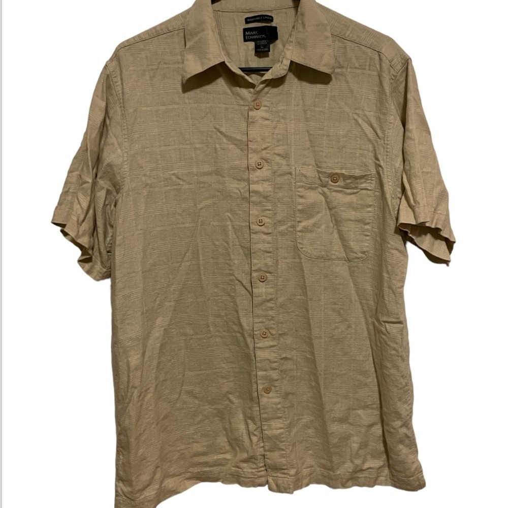 Marc Edwards Washable Linen Tan Short Sleeve Button Down Shirt Size Large